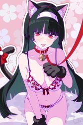 1girl animal_ears astra_yao bell black_gloves black_hair blunt_bangs blush bow bow_bra bow_panties bra breasts cat_ears cat_tail cleavage collar finn_flint gloves hairband halftone highres large_breasts long_hair looking_at_viewer navel neck_bell panties red_eyes solo tail tail_bow tail_ornament tongue tongue_out underwear very_long_hair zenless_zone_zero