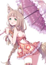 Rule 34 | 1girl, animal ear fluff, animal ears, bare shoulders, blunt bangs, blush, braid, breasts, brown hair, brown tail, dress, floral print, flower, fox ears, fox girl, fox tail, green eyes, hair flower, hair ornament, headdress, highres, holding, holding umbrella, long hair, looking at viewer, maho (princess connect!), maho (summer) (princess connect!), open mouth, orange dress, parasol, princess connect!, red dress, smile, solo, tail, tsukachii, umbrella, very long hair, wolf girl