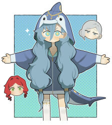 +_+ 37_(reverse:1999) alternate_costume blue_background blue_hair border chibi chibi_inset daku_k deformed dolphin_costume feet_out_of_frame green_eyes grey_eyes grey_hair hair_between_eyes hair_bun halftone halftone_background highres hood hood_up long_hair looking_at_viewer no_mouth outside_border outstretched_arms red_hair reverse:1999 single_side_bun sophia_(reverse:1999) sparkle spread_arms standing thighhighs v-shaped_eyebrows vertin_(reverse:1999) very_long_hair white_border white_thighhighs