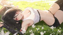 1girl armpits arms_up bare_shoulders black_gloves black_hair black_skirt black_sports_bra black_thighhighs breasts cleavage cowboy_shot crop_top elbow_gloves eyelashes final_fantasy final_fantasy_vii final_fantasy_vii_remake fingerless_gloves flower gloves grass hair_between_eyes highres knees_up large_breasts light_blush lips long_hair looking_at_viewer looking_to_the_side lying midriff navel neo_(neorarty3) on_back outdoors parted_lips pink_lips pink_nails red_eyes skirt solo sports_bra sunlight tank_top thighhighs tifa_lockhart white_flower white_tank_top