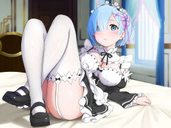 1girl bedroom black_shoes blue_eyes blue_hair blush breasts commentary_request crossed_ankles full_body gibun_(sozoshu) hair_ornament hair_over_one_eye hair_ribbon highres indoors knees_up large_breasts long_sleeves looking_at_viewer lying maid maid_headdress mary_janes on_back on_bed panties parted_lips purple_ribbon re:zero_kara_hajimeru_isekai_seikatsu rem_(re:zero) revision ribbon roswaal_mansion_maid_uniform shoes short_hair skindentation solo thighhighs thighs underwear white_panties white_thighhighs window x_hair_ornament