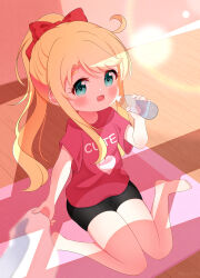1girl :3 ahoge aqua_eyes barefoot bike_shorts black_bike_shorts blonde_hair blonde_hair, blue_eyes blush bottle bow clothes_writing drink eyes, hair, hair_bow heart heart_print himesaka_noa holding holding_bottle holding_drink holding_towel lens_flare long_hair looking_at_viewer open_mouth ponytail print_shirt r245 red_bow red_shirt shirt short_sleeves sitting smile towel watashi_ni_tenshi_ga_maiorita! water water_bottle yoga_mat,