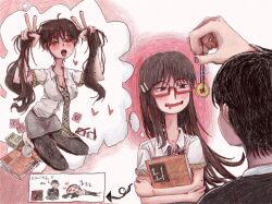 1boy 1girl coin coin_on_string condom condom_wrapper couple double_v drooling empty_eyes female_pervert glasses heart heart-shaped_pupils hetero highres holding holding_pendulum holed_coin hypnosis imagining long_hair mind_control mole mole_under_mouth mouth_drool multiple_moles multiple_views naughty_face nintendo_switch original pendulum pervert revealing_clothes school_uniform simple_background sleepzzz symbol-shaped_pupils thinking twintails v wishing