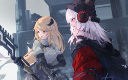 Rule 34 | 2girls, animal ears, arknights, bare shoulders, black gloves, black hat, black horns, black jacket, blonde hair, commentary, ears through headwear, elbow gloves, frostleaf (arknights), gloves, grey sweater, hand on own elbow, hat, headphones, horns, jacket, long hair, looking to the side, medium hair, meteorite (arknights), multiple girls, off shoulder, online neet, open mouth, parted lips, pointy ears, profile, red eyes, red sleeves, ribbed sweater, strap, sweater, turtleneck, turtleneck sweater, white hair, yellow eyes