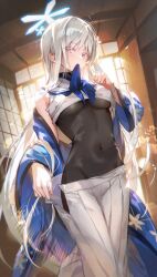 1girl black_bodysuit blue_archive blue_haori bodysuit clothes_lift colored_eyelashes covered_navel grey_eyes hair_ornament halo haori highres japanese_clothes kocir long_hair looking_at_viewer mouth_hold nagusa_(blue_archive) open_clothes open_skirt purple_halo sailor_collar school_uniform serafuku shirt shirt_lift skirt sleeveless sleeveless_shirt snowflake_hair_ornament solo white_eyelashes white_eyes white_hair white_halo white_sailor_collar white_serafuku white_skirt