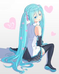 1girl 2017 bib_(bibboss39) black_boots black_skirt black_sleeves blue_eyes blue_hair blush boots collared_shirt commentary_request detached_sleeves from_behind full_body gradient_background grey_background hair_between_eyes hatsune_miku heart highres long_hair looking_at_viewer looking_back miku_day open_mouth pleated_skirt shadow shirt sitting skirt sleeveless sleeveless_shirt solo thigh_boots twintails very_long_hair vocaloid wariza white_background white_shirt