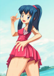 1girl alternate_breast_size ass blue_eyes blue_hair blush breasts covered_erect_nipples curvy dawn_(pokemon) from_behind hand_on_own_hip high_ponytail looking_back looking_to_the_side medium_breasts nintendo one-piece_swimsuit open_mouth pink_one-piece_swimsuit pokemon pokemon:_arceus_and_the_jewel_of_life pokemon_(anime) pokemon_(creature) pokemon_dppt_(anime) ponytail ryuntack shiny_skin sky solo swimsuit v water wet