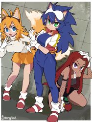 3girls absurdres animal_ears black_shorts blonde_hair blue_bodysuit blue_eyes blue_hair bodysuit bongfill breasts character_request copyright_request cropped_jacket dark-skinned_female dark_skin eyewear_on_head fox_ears fox_girl fox_tail full_body genderswap genderswap_(mtf) goggles goggles_on_head green_eyes grey_sweater group_picture highres jacket knuckles_the_echidna large_breasts long_hair male_focus multiple_girls purple_eyes red_hair red_shoes shoes shorts skirt sonic_the_hedgehog spiked_hair standing sweater tail tails_(sonic) white_jacket yellow_skirt