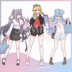 3girls adversarial_noise alternate_costume bag blonde_hair blue_eyes blue_hair boots bow_hairband collared_shirt colored_tips company_name cone_hair_bun copyright_notice cup disposable_cup drinking earrings eyewear_on_head full_body grey_eyes grey_hair hair_bun hair_ornament hairband hairclip hairpin high_heels holding holding_bag holding_cup holoh3roes hololive hololive_indonesia jacket jewelry kaela_kovalskia kobo_kanaeru long_hair long_sleeves looking_at_viewer multicolored_hair multiple_girls necklace norikoi off_shoulder official_art open_clothes open_jacket red_eyes sample_watermark shirt shoes short_hair shorts skirt smile sneakers socks standing sweater tote_bag vestia_zeta virtual_youtuber watermark wavy_hair