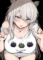 1girl animal_ears black_background black_nails blush breasts claw_pose commentary grey_eyes highres hololive large_breasts lion_ears lion_girl long_hair looking_at_viewer loose_clothes loose_shirt nail_polish official_alternate_costume open_mouth sakiya_(sak1_01) shirt shishiro_botan shishiro_botan_(casual) single_bare_shoulder sitting solo t-shirt virtual_youtuber white_hair
