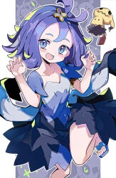 Rule 34 | 1girl, acerola (pokemon), blue eyes, breasts, collarbone, cowboy shot, gen 7 pokemon, hands up, highres, looking at viewer, medium hair, mimikyu, nintendo, omochishiki, open mouth, pokemon, pokemon sm, purple hair, small breasts, smile, solo, standing, standing on one leg