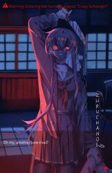 1girl absurdres black_eyes black_hair black_thighhighs coat crazy_smile glowing glowing_eyes hair_between_eyes highres holding holding_knife knife kuzuru_(zuru_chan06) long_hair long_sleeves looking_at_viewer mole mole_under_eye open_clothes open_coat original red_eyes school_uniform smile thighhighs thighs