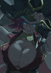 1girl absurdres belt black_hat black_vest blue_eyes breasts cleavage fate/grand_order fate_(series) francis_drake_(fate) grin hat highres large_breasts layered_clothes long_hair looking_at_viewer parted_bangs pink_hair pirate_hat rain red_vest scar scar_on_face smile solo vest wet wrist_cuffs zakio