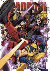 2girls 4boys belt blade_(marvel) bodysuit brown_hair card deadpool deadpool_&amp;_wolverine deadpool_(series) elektra elektra_natchios energy gambit gloves gun highres holding laura_kinney logan_(movie) long_hair looking_at_viewer male_focus marvel marvel_cinematic_universe mask multiple_boys multiple_girls muscular muscular_male short_hair sunglasses superhero_costume teeth weapon wolverine_(x-men) x-23 x-men x-men_film_series yufo616