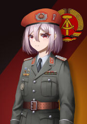 1girl absurdres arms_at_sides badge belt belt_buckle beret black_background black_necktie black_ribbon brown_belt buckle buttons closed_mouth collar_tabs collared_shirt colored_eyelashes commentary_request communism compass_(instrument) east_german_flag east_germany emblem epaulettes fallschirmjaeger flag_background german_flag grey_jacket hair_between_eyes hammer hat hat_ornament highres huihuang_rongyao insignia jacket lapels light_purple_hair long_sleeves military military_dress_uniform military_hat military_jacket military_rank_insignia military_uniform multicolored_background multicolored_ribbon necktie notched_lapels original parachute paratrooper pink_eyes red_background red_hat red_ribbon ribbon ribbon_bar serious shirt short_hair solo upper_body user_kfhv5847 white_shirt wing_collar wreath yellow_background yellow_ribbon