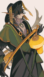 1boy arknights bead_necklace beads black_gloves black_hat black_vest brown_background chinese_commentary collared_shirt commentary_request fins fish_tail furry furry_male gloves green_shawl hat head_fins highres holding holding_lantern jewelry kaifei_(kaifei_29) lantern lee_(arknights) looking_to_the_side necklace no_eyes shaded_face shirt simple_background smile tail talisman vest white_shirt