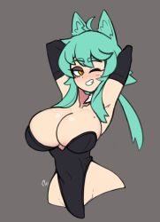 1girl ahoge animal_ears aria_(docecaedrus) arms_behind_head black_gloves black_leotard breasts cat_ears cat_girl cleavage collarbone detached_collar doce elbow_gloves female_focus gloves green_hair grey_background grin half-closed_eyes highres large_breasts leotard long_hair looking_at_viewer mole mole_on_breast one_eye_closed original simple_background smile solo wink yellow_eyes