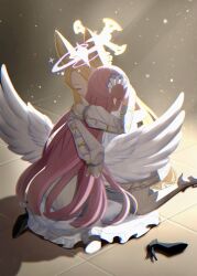 2girls angel_wings animal_ear_fluff animal_ears backlighting black_footwear blonde_hair blue_archive closed_eyes commentary_request detached_sleeves dress feathered_wings floor_tiles forehead fox_ears fox_girl from_behind hair_bun hair_ornament hair_scrunchie halo high_heels highres itsuki_toiro kneeling light_particles long_hair mika_(blue_archive) multiple_girls pantyhose parted_bangs pink_hair scrunchie seia_(blue_archive) shoes single_shoe single_side_bun sitting sleeves_past_fingers sleeves_past_wrists striped_clothes striped_pantyhose vertical-striped_clothes vertical-striped_pantyhose very_long_hair very_long_sleeves wariza white_dress white_footwear white_pantyhose white_wings wings