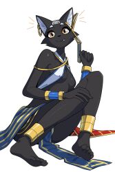 1girl animal_ear_piercing animal_ears armlet barefoot black_cat breasts brown_hair cat cat_ears cat_girl criss-cross_halter ear_piercing fang full_body furry furry_female halterneck highres jewelry looking_at_viewer original piercing revealing_clothes simple_background sitting small_breasts soles solo this_is_nulia white_background