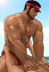 Rule 34 | 2boys, abs, bara, bare pectorals, beard, black hair, blush, brown hair, bulge, cloud, cloudy sky, dark-skinned male, dark skin, dopey (dopq), eye contact, facial hair, from side, groping, hands on another&#039;s hips, highres, imminent anal, imminent penetration, large pectorals, lifeguard, looking at another, male focus, male swimwear, mature male, multiple boys, muscular, muscular male, nipples, original, paid reward available, pectoral grab, pectorals, profile, red male swimwear, short hair, sideburns, sitting, sitting on person, sky, stomach, stubble, sweat, swim briefs, thick thighs, thighs, topless male, whistle, whistle around neck, yaoi