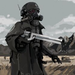 absurdres ambiguous_gender belt black_gloves blue_sky body_armor bulletproof_vest courier_(fallout:_new_vegas) duster fallout fallout:_new_vegas gas_mask gloves grass gun handgun highres mask mountainous_horizon revolver schellergheist signature sky solo tree trigger_discipline weapon