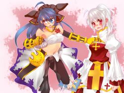 Rule 34 | 2girls, ahoge, arch bishop (ragnarok online), barefoot, belt, black belt, black gloves, black pants, blue eyes, blue hair, blush, breasts, championship belt, chest sarashi, cleavage, cleavage cutout, clothes around waist, clothing cutout, commentary request, cross, cross necklace, cross of prontera, dress, flame print, foot out of frame, foot wraps, frilled thighhighs, frills, gauntlets, gloves, hand on another&#039;s chest, headdress, heterochromia, high ponytail, highres, jewelry, juliet sleeves, long hair, long sleeves, looking afar, medium breasts, multiple girls, navel, necklace, open mouth, pants, pink background, ponytail, puffy sleeves, ragnarok online, red eyes, sarashi, sash, shirokuro (erisnoa), shirt, shirt around waist, sura (ragnarok online), thighhighs, two-tone dress, white dress, white hair, white shirt, white thighhighs, yellow sash