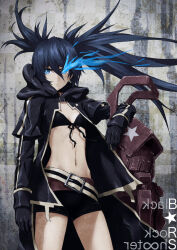 Rule 34 | 1girl, belt, black coat, black gloves, black rock shooter, black rock shooter (character), black shorts, blue fire, coat, fire, flaming eye, gloves, long hair, multiple belts, open clothes, open coat, rock cannon, shorts, solo, twintails, uneven twintails, yara kami meiosei
