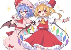 2girls absurdres ascot bat_wings blonde_hair blue_hair blush_stickers cowboy_shot crystal_wings fang flandre_scarlet hat highres masakamea mob_cap multicolored_wings multiple_girls open_mouth pink_hat pink_shirt pink_vest red_ascot red_eyes red_vest remilia_scarlet shirt side_ponytail smile touhou vest white_hat white_shirt wings yellow_ascot