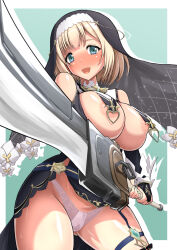 1girl aqua_eyes areola_slip black_veil blonde_hair blush bob_cut breast_curtains breasts bridal_gauntlets cocoa_(cocoa0191) coif commentary_request covered_erect_nipples greatsword green_background holding holding_sword holding_weapon huge_weapon large_breasts looking_at_viewer nun official_alternate_costume official_alternate_hairstyle open_mouth panties senran_kagura senran_kagura_new_link short_hair skindentation smile solo sword underwear veil weapon white_panties yomi_(senran_kagura)