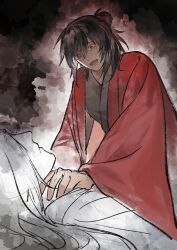 Rule 34 | 2boys, absurdres, ashao606, black hair, black hanfu, chinese clothes, chinese commentary, coat, colored skin, crying, crying with eyes open, dao gui yi xian, ghost, hair between eyes, hair bun, hair ribbon, half updo, hand on another&#039;s neck, hanfu, highres, li huowang, long hair, long sleeves, looking at another, looking down, lying, male focus, multiple boys, on back, open mouth, red coat, red eyes, red ribbon, ribbon, robe, single hair bun, smile, tears, white hair, white skin, yaoi, zhuge yuan