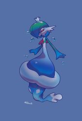 1girl artist_name black_sclera blue_background blue_crown blue_hair blue_skin blue_theme bob_cut bubble chocota_(spchocota) colored_sclera colored_skin creatures_(company) crown female_focus flat_chest full_body fusion game_freak gardevoir gen_3_pokemon gen_5_pokemon gradient_hair gradient_skin green_hair green_skin hair_over_one_eye half-closed_eyes happy highres jellicent mini_crown multicolored_hair multicolored_skin nintendo one_eye_covered open_mouth pokemon pokemon_(creature) short_hair signature simple_background smile solo taur twitter_username two-tone_hair white_skin