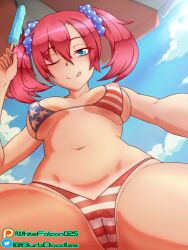 Rule 34 | 1girl, american flag, american flag print, bikini, blue bikini, blue eyes, blue sky, blush, breasts, cameltoe, covered erect nipples, digimon, digimon story: cyber sleuth, falcon (burbdoodles), flag print, food, fourth of july, from below, highres, holding, holding food, holding popsicle, long hair, looking at viewer, looking down, medium breasts, multicolored bikini, one eye closed, popsicle, print bikini, red bikini, red hair, shiramine nokia, sky, solo, star (symbol), star print, striped bikini, striped clothes, sunlight, swimsuit, tongue, tongue out, twintails, white bikini