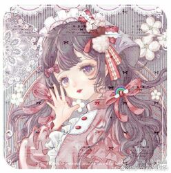 1girl apron bcy_username border bow bra brown_hair buttons candy candy_hair_ornament cherry_blossoms cherry_hair_ornament collared_shirt colored_eyelashes commission flower food food-themed_hair_ornament frilled_apron frilled_sleeves frills gradient_eyes grey_background grey_veil hair_bow hair_ornament hair_ribbon hand_on_own_face high_collar lace layered_sleeves light_blush lipstick long_hair long_sleeves looking_at_viewer low_twintails maid_headdress makeup miao_xiaomao_bu_huahua multicolored_eyes original palms parted_lips pink_shirt pom_pom_(clothes) pom_pom_hair_ornament purple_eyes rainbow_hair_ornament red_bow red_lips red_ribbon ribbon ribbon-trimmed_bow ribbon_trim sample_watermark shirt short_over_long_sleeves short_sleeves smile solo source_request striped_bra striped_clothes teeth third-party_source too_many_watermarks twintails underwear upper_body upper_teeth_only veil vertical-striped_bra vertical-striped_clothes watermark weibo_watermark white_apron white_border white_flower