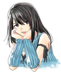 1girl arm_ribbon arm_warmers black_hair black_ribbon black_shirt blue_cardigan breasts brown_eyes brown_hair cardigan cleavage final_fantasy final_fantasy_viii hair_between_eyes head_on_hand long_hair looking_at_viewer medium_breasts multicolored_hair open_mouth ribbon riku_note912 rinoa_heartilly shirt sleeveless sleeveless_shirt smile solo streaked_hair upper_body white_background