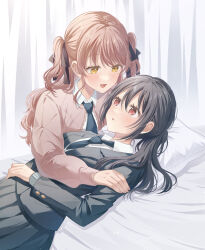 2girls absurdres bed black_hair blazer cardigan hand_on_another&#039;s_arm highres infirmary jacket looking_at_another lying multiple_girls necktie on_back original pillow pink_cardigan pink_hair ponytail red_eyes rococomm123 school_uniform textless_version two_side_up yellow_eyes yuri