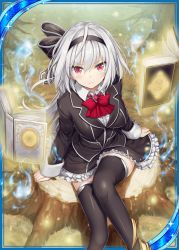 1girl akkijin book brown_ribbon card_(medium) female_focus hair_ornament hair_ribbon librarian looking_at_viewer magic_circle red_eyes ribbon shinkai_no_valkyrie short_hair silver_hair sitting solo telekinesis thighhighs
