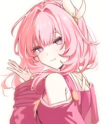 Rule 34 | 1girl, bare shoulders, blue eyes, closed mouth, commentary, cyrene (honkai: star rail), from side, hair ornament, hand up, hashtag-only commentary, hevooov, honkai: star rail, honkai (series), looking at viewer, medium hair, pink hair, pink pupils, portrait, simple background, smile, solo, white background