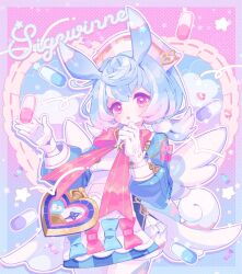 1girl :o animal_ears apron aqua_bow aqua_shirt black_shorts blue_background blue_hair blush border bow bowtie broken_heart brooch candy character_name cloud commentary cowboy_shot crossed_bangs food genshin_impact gloves gradient_background gradient_hair hair_between_eyes hair_ornament hands_up hat heart jewelry long_sleeves looking_at_viewer low_twintails medium_hair multicolored_hair nurse_cap open_mouth outside_border pill pink_background pink_bow pom_pom_(clothes) pom_pom_hair_ornament puffy_long_sleeves puffy_shorts puffy_sleeves purple_background purple_hair red_bow red_bowtie red_eyes shirt short_shorts shorts sidelocks sigewinne_(genshin_impact) simple_background solo star_(symbol) symbol-only_commentary tail transparent_border twintails white_apron white_gloves white_hat zippo_(3756c)