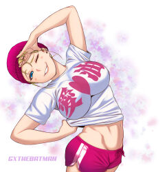 Rule 34 | blonde hair, blue eyes, breasts, clothes lift, colorized, elf-san wa yaserarenai., elfuda (elf-san wa yaserarenai.), gxthebatman, highres, large breasts, midriff, one eye closed, shirt lift, short shorts, shorts, synecdoche