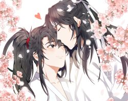 Rule 34 | 2boys, alternate costume, bathrobe, black eyes, black hair, blush, cherry blossoms, chinese clothes, closed eyes, closed mouth, collarbone, couple, falling petals, flower, hair ribbon, hanfu, headband, heart, high ponytail, highres, jujeop, kiss, kissing forehead, korean commentary, lan wangji, long hair, looking at another, male focus, modao zushi, multiple boys, one eye closed, petals, pink flower, ponytail, ribbon, robe, sidelocks, simple background, smile, topknot, upper body, wei wuxian, white background, white headband, white ribbon, white robe, yaoi