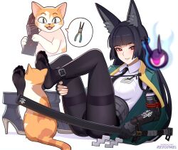 1girl animal_ears aqua_jacket black_necktie black_pantyhose blunt_bangs blush cat collared_shirt eyeball fox_ears fox_girl gauntlets holding holding_sword holding_weapon hoshimi_miyabi jacket long_hair necktie open_clothes open_jacket pantyhose rezodwel shirt shoes single_gauntlet sitting smile sword tailless_(zenless_zone_zero) thighband_pantyhose unworn_shoes weapon white_background white_shirt zenless_zone_zero