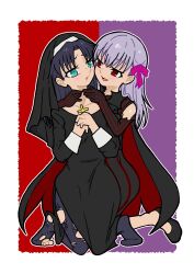 2girls am0930 black_dress black_footwear black_hair black_pantyhose blue_eyes blush cape coif corruption cross dark_persona dark_sakura dress fate/stay_night fate_(series) habit hair_ribbon hand_on_another&#039;s_neck heaven&#039;s_feel highres incest kneeling long_hair long_sleeves matou_sakura multiple_girls nun pantyhose red_eyes ribbon seductive_smile siblings sisters smile striped_clothes striped_dress tohsaka_rin torn_clothes torn_pantyhose two-sided_cape two-sided_fabric vertical-striped_clothes vertical-striped_dress white_hair yuri