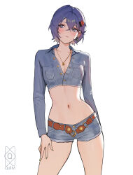 1girl absurdres belle_(zenless_zone_zero) belt blue_eyes blue_hair blue_shirt blush breasts brown_belt cleavage crop_top crossed_bangs denim denim_shorts green_nails hair_ornament highres jewelry medium_breasts navel necklace quilm shirt short_shorts shorts simple_background solo stomach thighs white_background zenless_zone_zero zzz