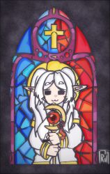 1girl :3 =_= black_border black_outline border closed_eyes commentary cross dress elf english_commentary facing_viewer frieren highres holding holding_staff latin_cross long_hair long_sleeves medieval outline parody pointy_ears sketch solo sousou_no_frieren staff style_parody trun2554 white_dress white_hair