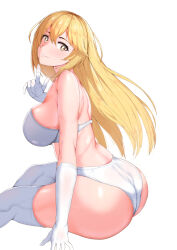 1girl armpit_crease ass blonde_hair bra breasts closed_mouth commentary elbow_gloves from_side gloves hair_between_eyes invisible_chair large_breasts long_hair looking_at_viewer navel panties shokuhou_misaki sideboob sikijou77o simple_background sitting smile solo sparkling_eyes thighhighs toaru_kagaku_no_mental_out toaru_kagaku_no_railgun toaru_majutsu_no_index underwear white_background white_bra white_gloves white_panties white_thighhighs yellow_eyes