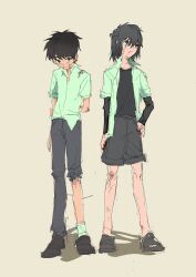 2boys aged_down black_hair blue_eyes brown_hair child highres injury jacket layered_sleeves long_sleeves male_focus multiple_boys rong301718 short_hair short_over_long_sleeves short_sleeves shorts step-siblings tohno_shiki tohno_shiki_(2) tsukihime