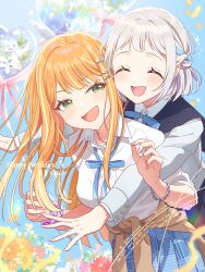 Rule 34 | 2girls, absurdres, balloon, blue background, blue ribbon, blue skirt, bluesky username, blush, bracelet, braid, breasts, cardigan, cardigan around waist, closed eyes, clothes around waist, collared shirt, commentary request, confetti, flower, front-to-back, gakuen idolmaster, green eyes, grey hair, hair ornament, hair ribbon, hairclip, happy birthday, hatsuboshi gakuen school uniform, heart balloon, highres, idolmaster, jacket, jewelry, katsuragi lilja, long hair, looking at another, medium breasts, mole, mole under eye, multiple girls, neck ribbon, necklace, open mouth, orange hair, pjkuasu, pleated skirt, ribbon, ribbon braid, school uniform, scrunchie, shirt, shiun sumika, short hair, skirt, smile, twitter username, white jacket, white shirt, wrist scrunchie