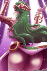 1girl ass bare_shoulders bracelet breasts cleft_of_venus club_(weapon) dancing dress female_focus green_eyes green_hair hair_ornament hands_up highres jewelry john_joseco kid_icarus kid_icarus_uprising large_breasts lights long_hair nintendo no_panties open_mouth palutena pussy solo sparkle weapon white_dress white_legwear