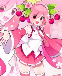 Rule 34 | 1girl, artist name, cherry blossoms, cherry hair ornament, cio (ciosui), collared shirt, commentary, english commentary, flower, food-themed hair ornament, hair flower, hair ornament, hatsune miku, headphones, highres, long hair, looking at viewer, necktie, open mouth, outstretched arm, pink hair, pleated skirt, red eyes, sakura miku, shirt, skirt, sleeveless, sleeveless shirt, smile, solo, thighhighs, twintails, very long hair, vocaloid, zoom layer