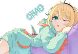 1girl amano_pikamee blonde_hair dinosaur_costume green_eyes green_hair green_hoodie hood hoodie looking_at_viewer lying multicolored_hair official_alternate_costume on_side one_eye_closed open_mouth short_hair solo streaked_hair ugaaaa1 virtual_youtuber voms